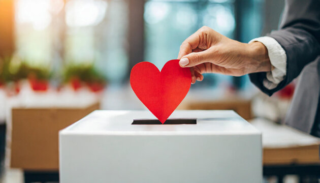 red paper heart into white donation box, embodying charity, compassion, and civic engagement