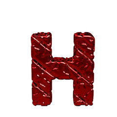 Red symbol made from rough diagonal blocks. view from above. letter h