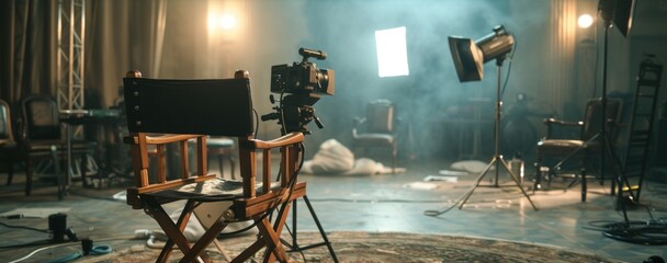 Director's chair on the set production, blur background - Powered by Adobe