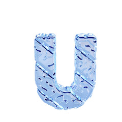 Blue ice symbol made from rough diagonal blocks. view from above. letter u