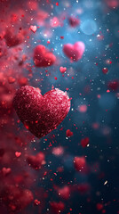 Valentines day background with red hearts. 3D illustration.  