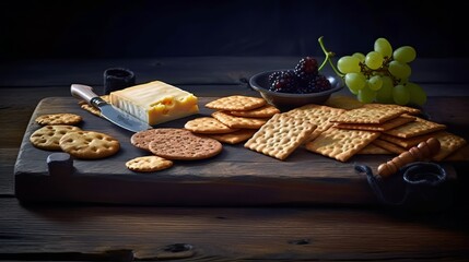 crackers and grapes on wooden board and on dark background