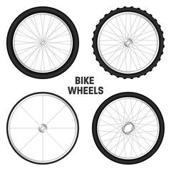Realistic 3d bicycle wheels. Bike rubber tyres, shiny metal spokes and rims. Fitness cycle, touring, sport, road and mountain bike. Vector illustration