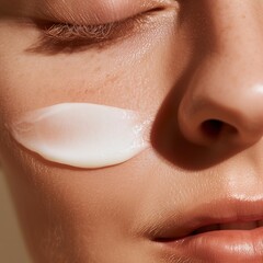 A thin line of cream delicately rests on the woman's skin in a care ritual. Smooth texture of cream on woman's skin in nutrition and hydration skin care routine. - obrazy, fototapety, plakaty