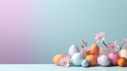 Easter themed pastel palette minimalistic background banner eggs and flowers on the right
