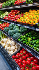 Obraz premium Colorful fresh vegetables on shelves in supermarket, close-up view