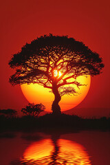 Obraz premium Acacia tree silhouette, rocks and plain grassland field against a setting sun. African savannah sunset landscape. Wild nature, Kenya panoramic view. Black history month concept