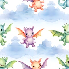 Obraz premium Seamless pattern of flying tiny baby dragons ,watercolor