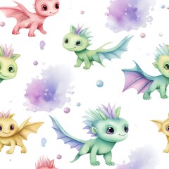 Fototapeta na wymiar Seamless pattern of flying tiny baby dragons ,watercolor