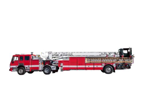 Long red fire engine with ladders and lift.  Isolated with cut out background.