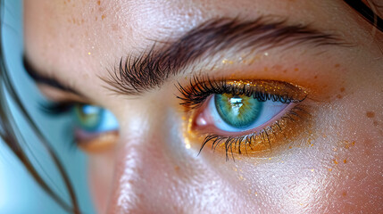 Close up of beautiful female eye with glitter, sparkle makeup. Beauty and fashion concept. 