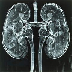 X-ray of the Human kidney in blue light, close-up. 3D rendering. Medical background. 