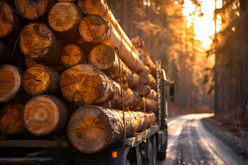 Truck laden with felled trees, depicting the transportation aspect of the logging industry. Copy space - obrazy, fototapety, plakaty