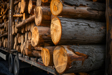 Detailed view of a timber truck's load, highlighting the textures of the cut logs. The global problem of deforestation