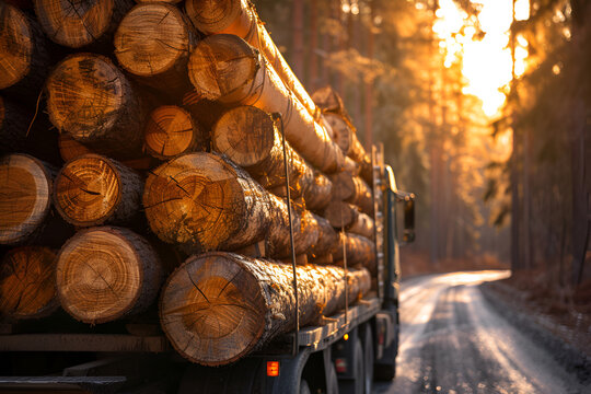 Truck laden with felled trees, depicting the transportation aspect of the logging industry. Copy space