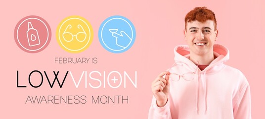 Young man with eyeglasses on pink background. February is Low Vision Awareness Month