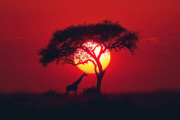 Giraffe, acacia tree silhouette, rocks and plain grassland field against a setting sun. African savannah sunset landscape. Wild nature, Kenya panoramic view. Black history month concept