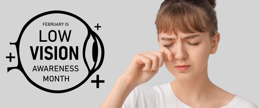 Tired teenage girl on grey background. February is Low Vision Awareness Month