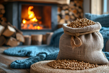 Eco-friendly wood pellet fuel in a hessian bag, ready for stove, with cozy home setting