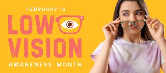 Young woman with eyeglasses on yellow background. February is Low Vision Awareness Month