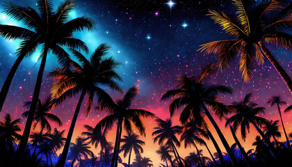 Fototapeta na wymiar Tropical night with palm tree view on the beach. Generative ai