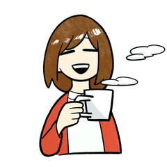 コーヒーを飲みほっと一息つく女性　手書き　カーディガン　赤