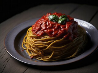 A plate of spaghetti topped with tomato sauce, a classic Italian dish