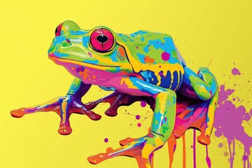 A vibrant amphibian stands out against a bright yellow canvas, its true frog features beautifully captured in a stunning illustration