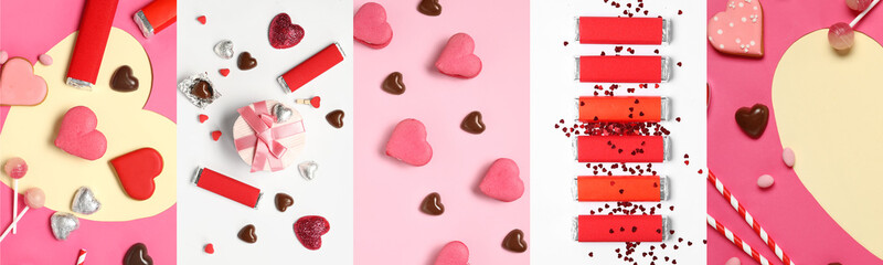 Set of tasty sweets and gift for Valentine's Day on color background, top view