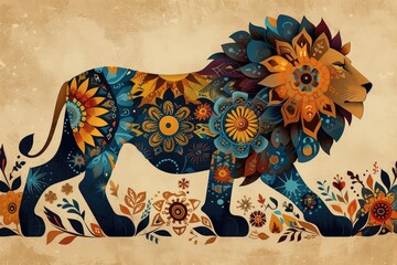 A vibrant lion adorned with blooming flowers, captured through a masterful blend of painting and drawing, exuding the beauty and majesty of both art and nature in one striking illustration