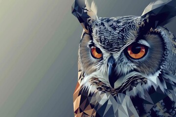 A majestic screech owl perches upon a low poly branch, its vibrant orange eyes piercing through the outdoor wilderness with a captivating intensity