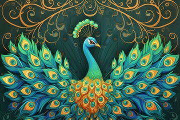 A stunning peacock displaying a regal array of golden and blue feathers, captured in a vibrant painting that celebrates the beauty of nature and the majesty of this magnificent bird