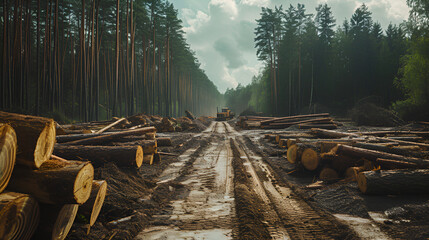 Logging site in action, a stark view of wood extraction's impact. The global problem of deforestation. Forest Degradation. - obrazy, fototapety, plakaty