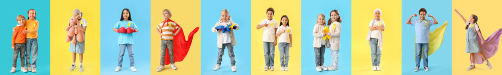 Many children on color background. International Childhood Cancer Day - obrazy, fototapety, plakaty