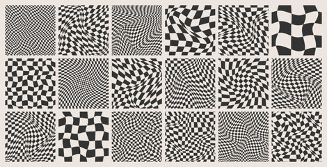 Trendy checkered pattern, black and white distorted tiled grid. Wavy curved backdrop, distortion effect. Funky geometric chessboard texture, retro background in 90s style, y2k. Vector illustration