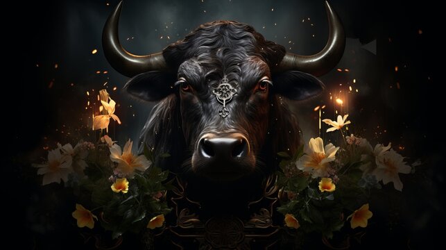 Taurus zodiac symbol  mighty bull in lush vegetation, emanating stability and serenity