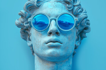 Portrait of an antique statue in sunglasses on blue background, front view.