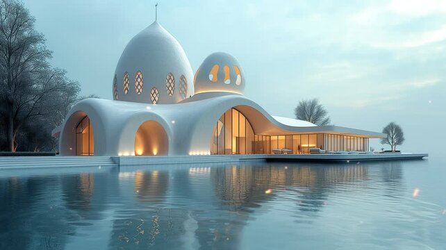mosque on the water in the afternoon. Can be used as a Ramadan background. modern minimalist design