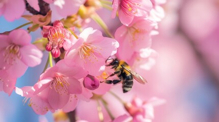 Captivating Macro View of Bee Pollinating Pink Cherry Blossom AI Generated