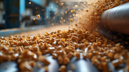 Fototapeta na wymiar Wood pellets tumbling from machinery in a blur of motion at a biofuel factory.