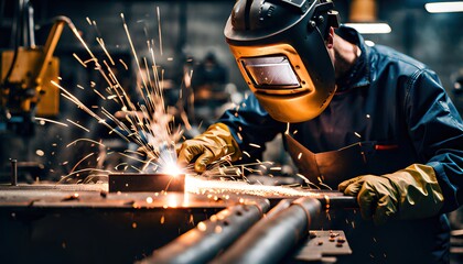 Mechanic or welder welds metal materials together by hand using a welding machine according to a design plan -ai generated - obrazy, fototapety, plakaty
