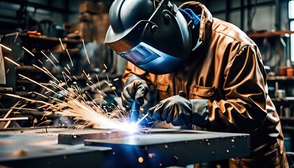 Mechanic or welder welds metal materials together by hand using a welding machine according to a design plan -ai generated