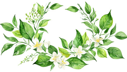 white jasmine flowers and leaves. Watercolor hand drawn illustration, isolated on transparent background