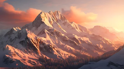 Poster Beautiful panorama of snowy mountains at sunset, 3d render © Iman