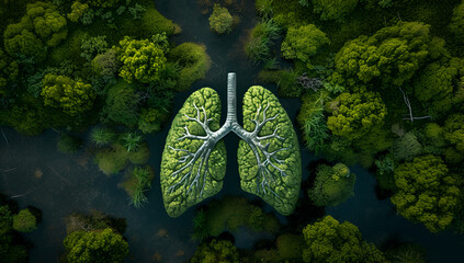 Conceptual aerial forest resembling human lungs, symbolizing breathing earth. Earth Day