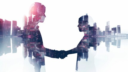 two businessmen shake hands on the city background,