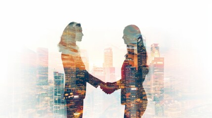 two business men shaking hands in portrait with city background, in the style of ethereal photograms, primitivism, light white and orange - obrazy, fototapety, plakaty