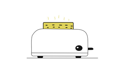 Line hand drawn illustration of toaster with slice of bread inside. Outline simple drawing with minor colorful elements.
