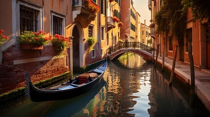 Venice, Italy. Panoramic view of the canal with gondolas