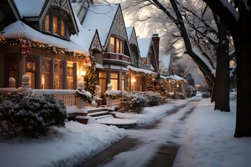 Snowy street in winter with houses and trees in the background.